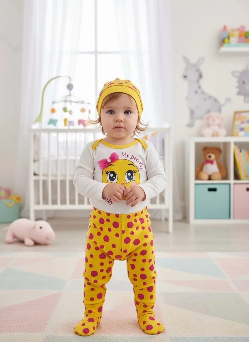 Puantiyeli Utangaç Emojili Uzun Kollu Kız Bebek Zıbın Takımı