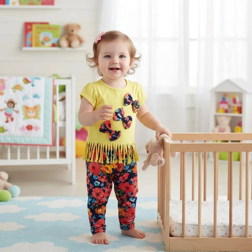 Çiçek Desenli Papyonlu ve Püsküllü Kız Takımı