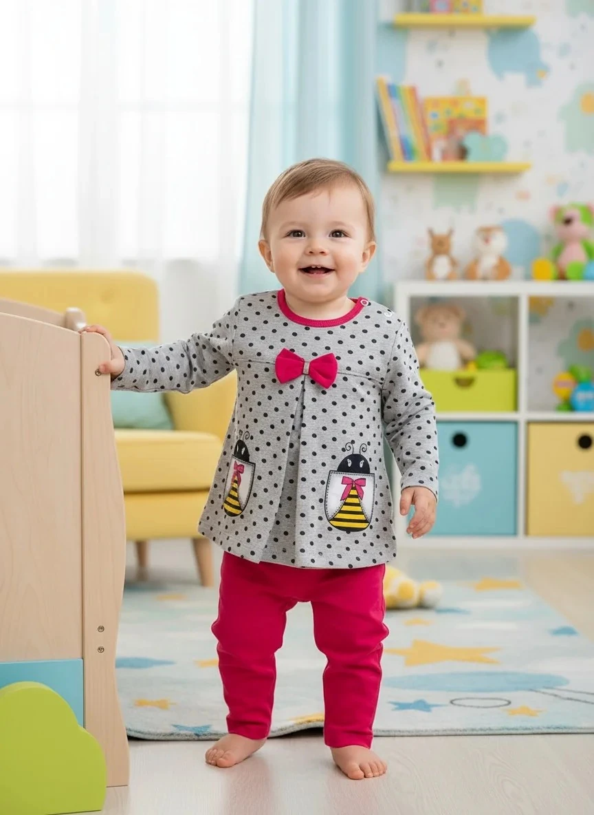 Arılı ve Fiyonklu Uzun Kollu Pembe Kız Bebek Takım