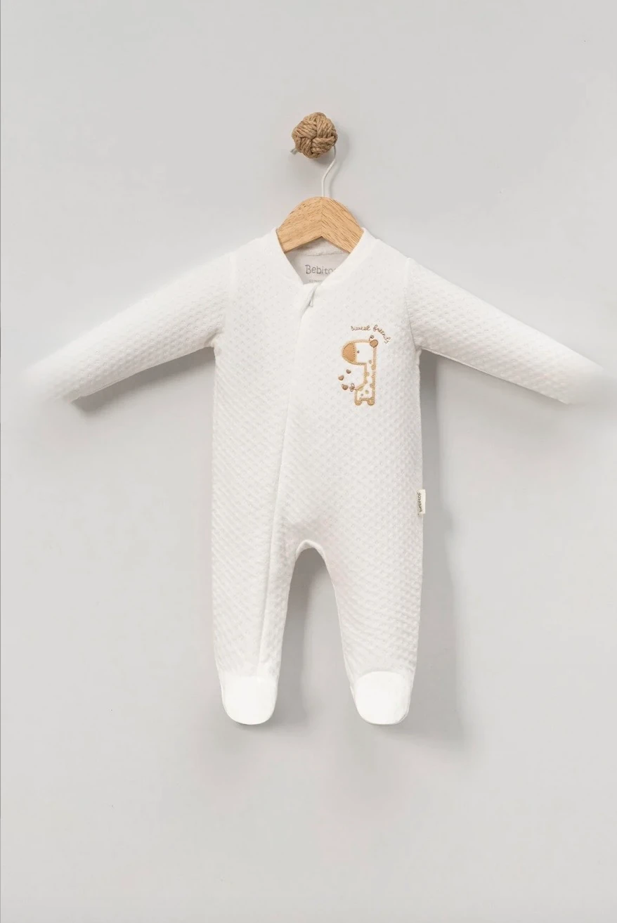 Sevimli Zürafa Desenli Pamuklu Bebek Kapitone Tulum