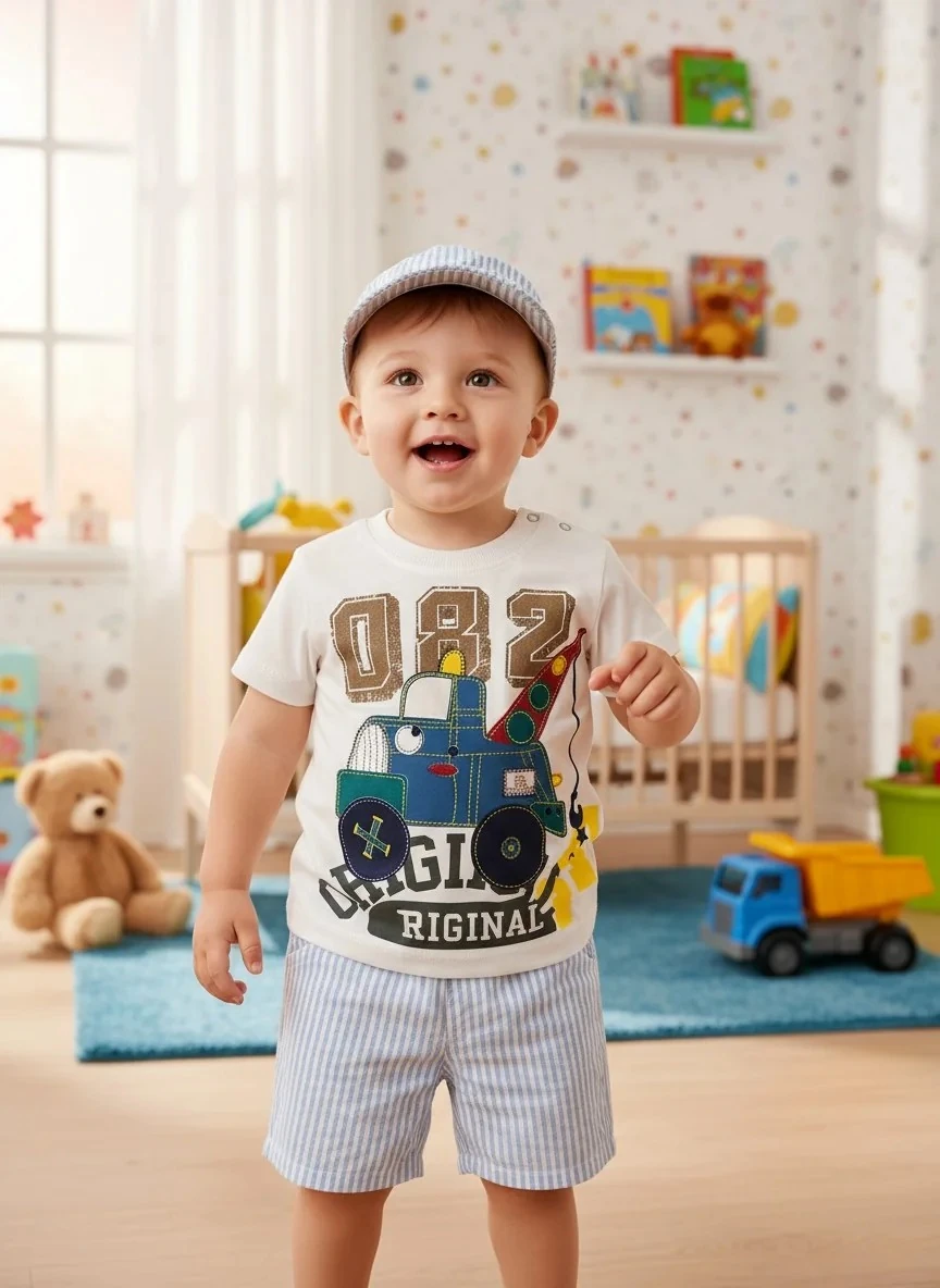 Mavi Çizgili Şapkalı Erkek Bebek Takım