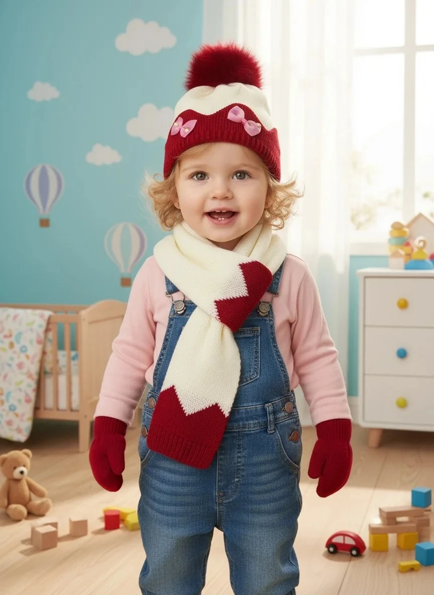 Atkı Bere Eldiven Üçlü Yeni Doğan Kız Seti - Bordo