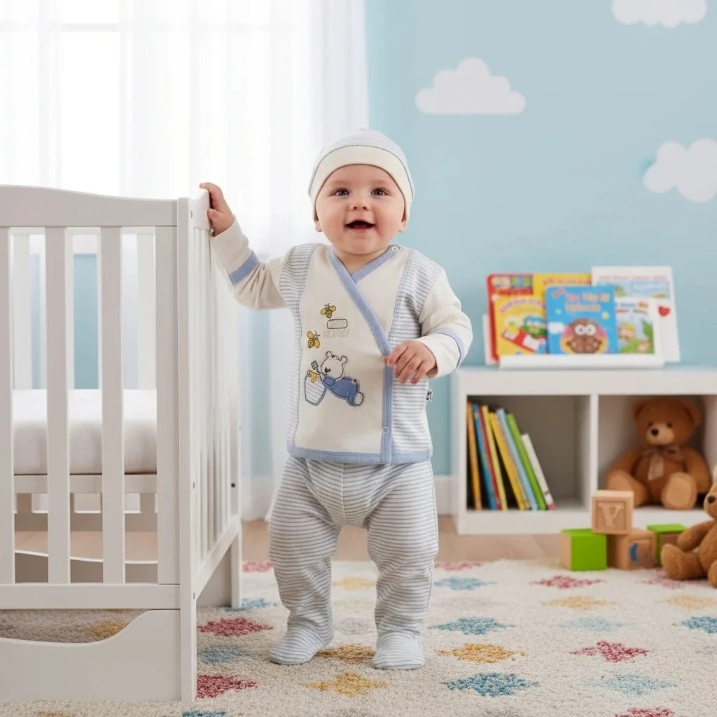 Ayıcık Nakışlı Üçlü Bebek Takım