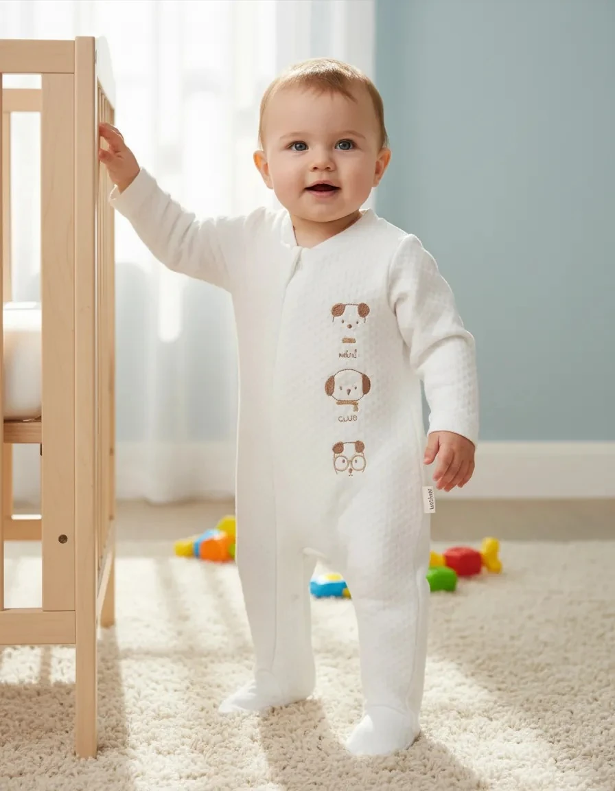 Sevimli Köpekçik Desenli Pamuklu Bebek Kapitone Tulum