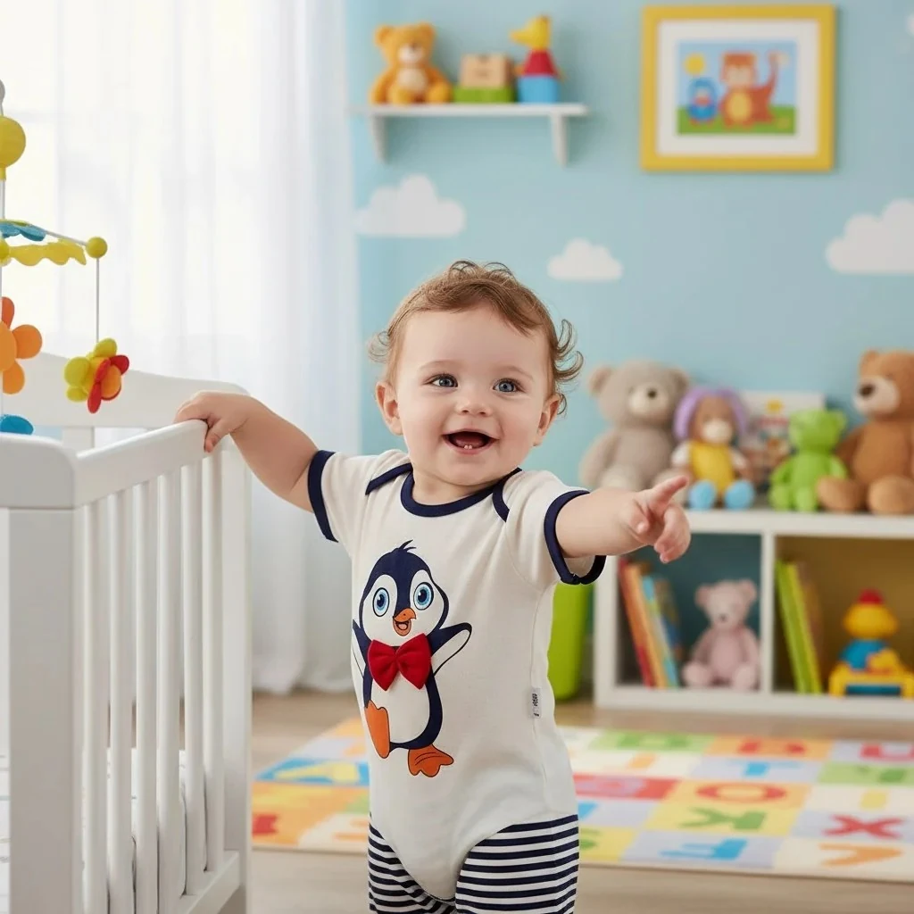 Penguen Desenli Kısa Kollu Erkek Bebek Zıbın Takımı