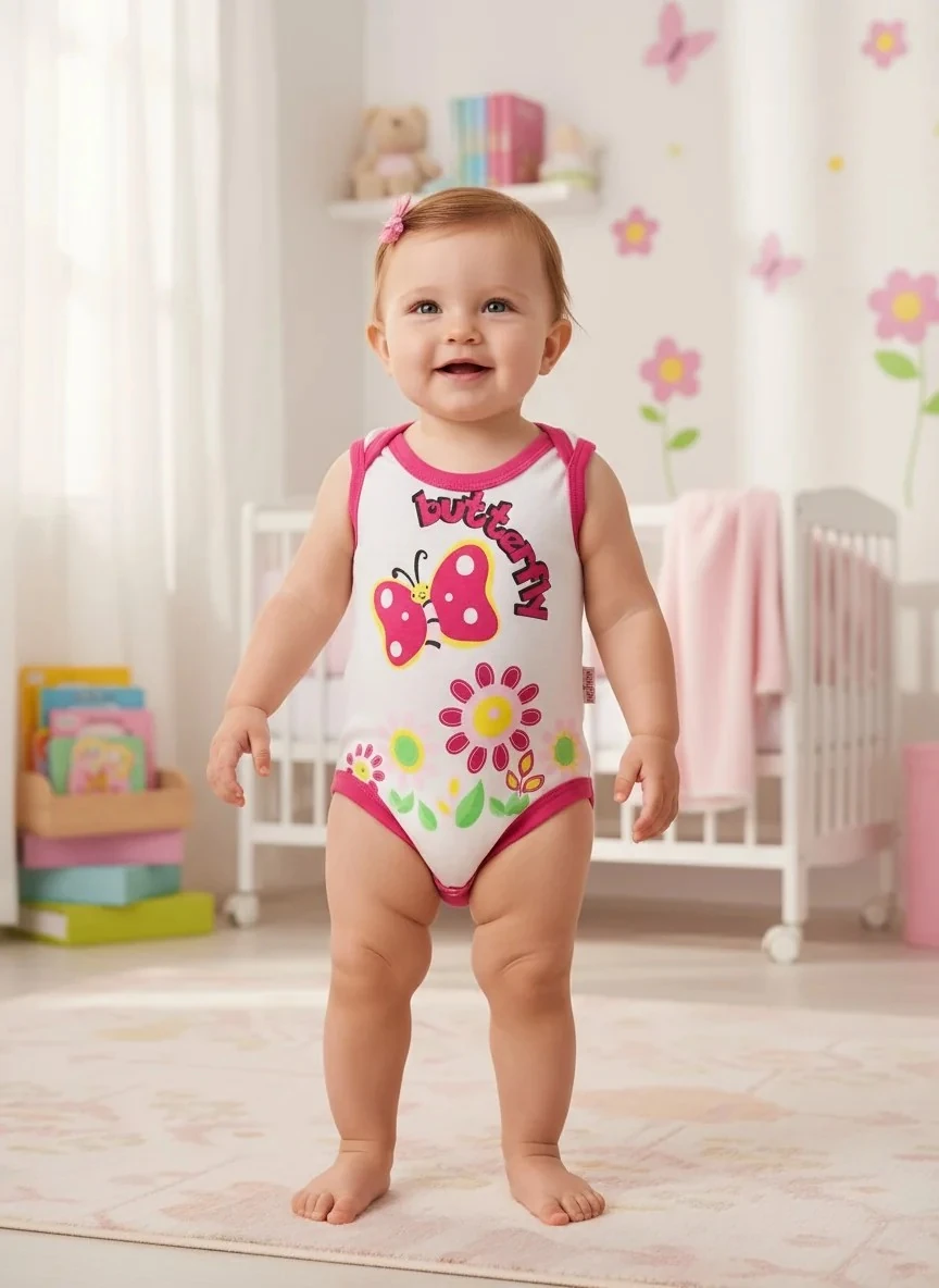 Kelebek ve Çiçek Baskılı Pembe Kız Zıbın