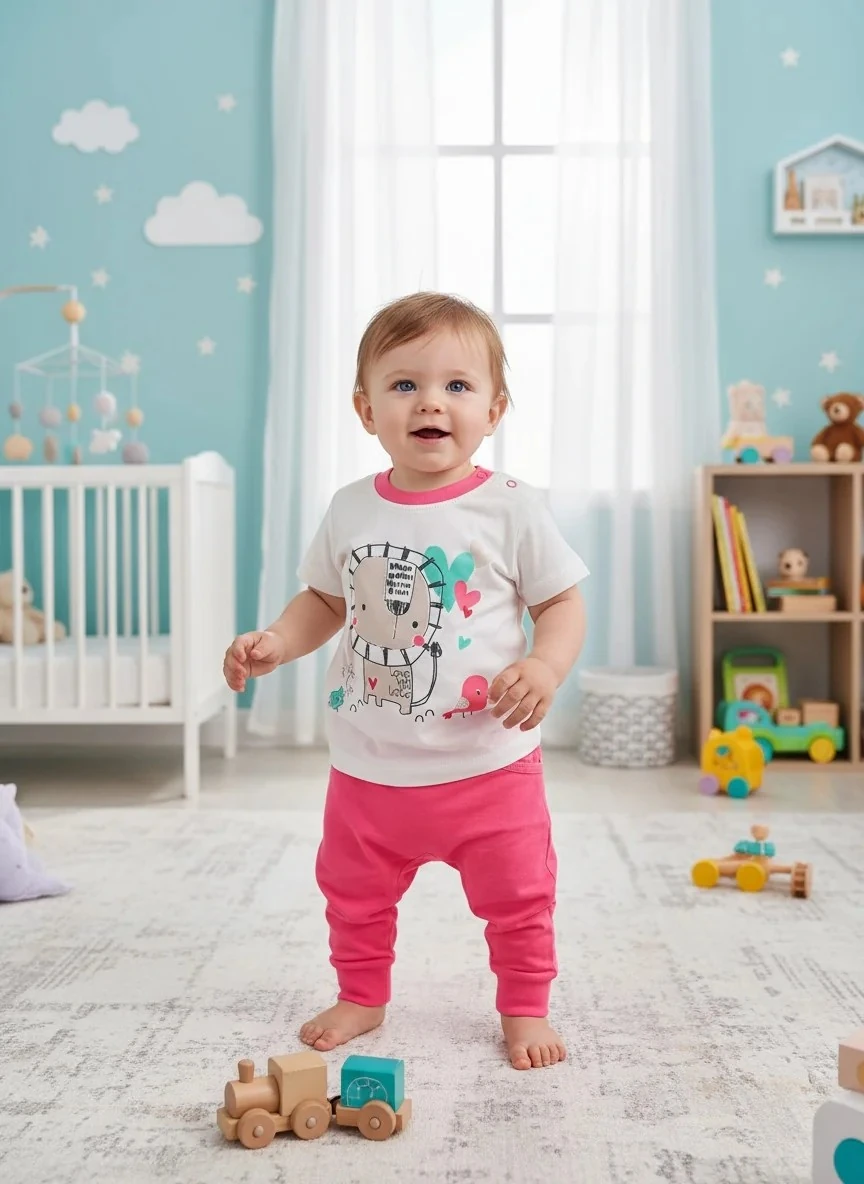 Aslan Figürlü Tişört ve Pembe Şalvar Kız Takımı