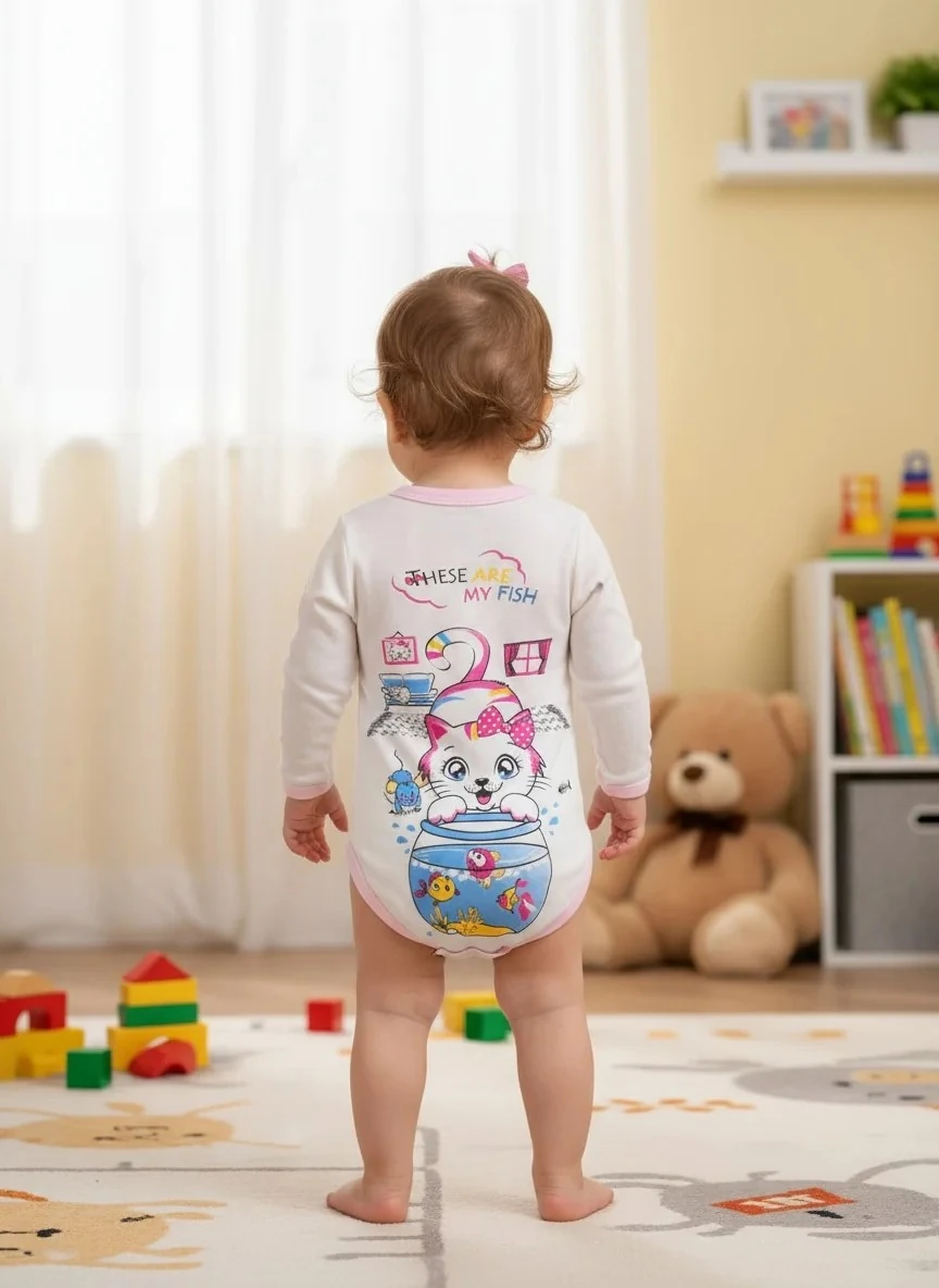 Benim Güzel Evim Kedili Pembe Uzun Kollu Kız Zıbın