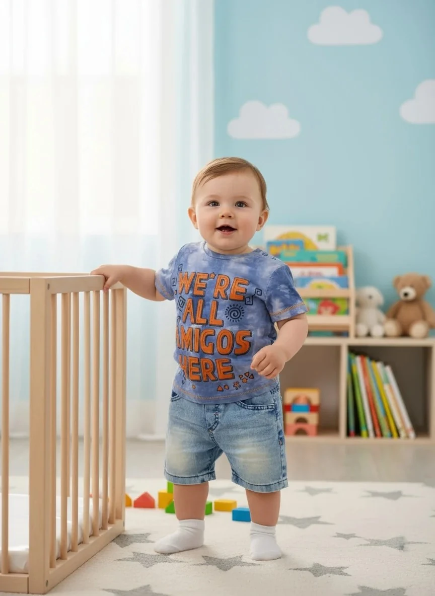 Hepimiz Arkadaşız Yazılı Tişört ve Cepli Kot Şort Erkek Takımı