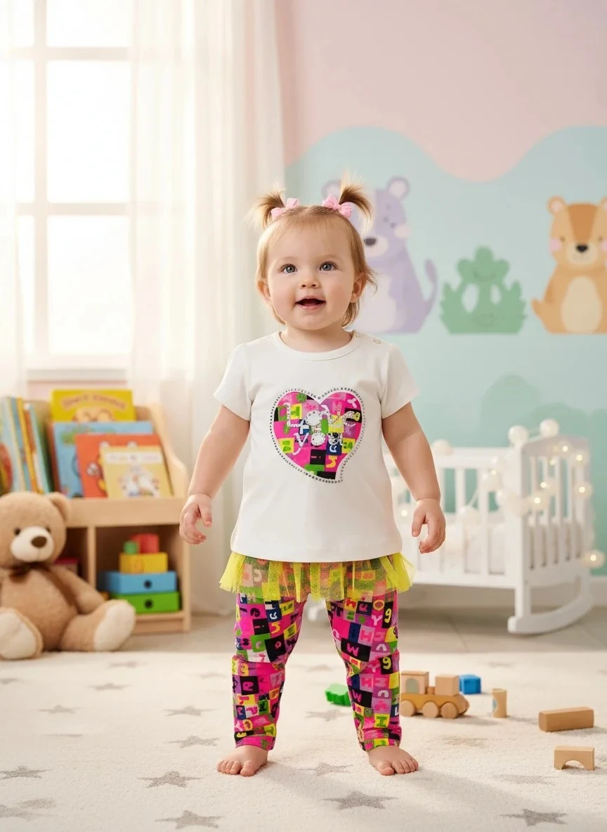 Love You Yazılı Tül Detaylı Renkli Kız Bebek Takım