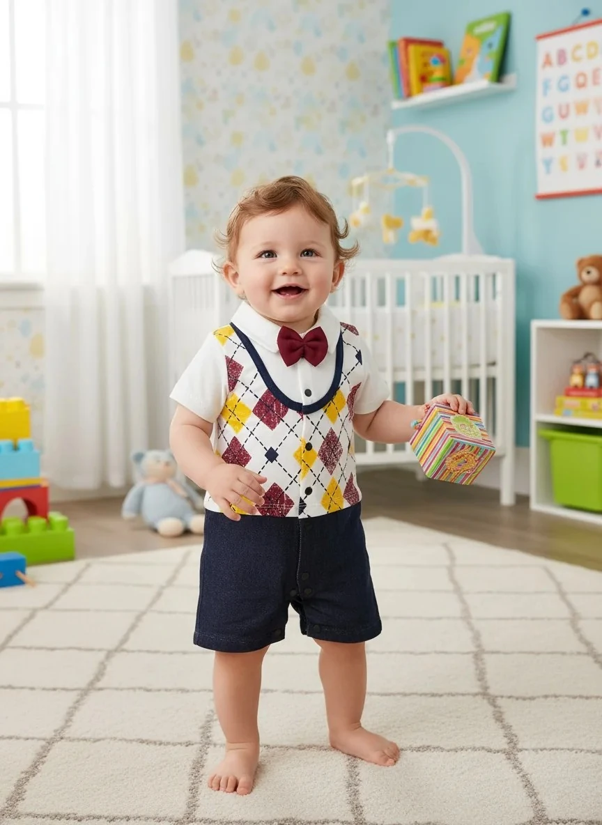 Papyonlu Baklava Desenli Polo Yaka Erkek Tulum