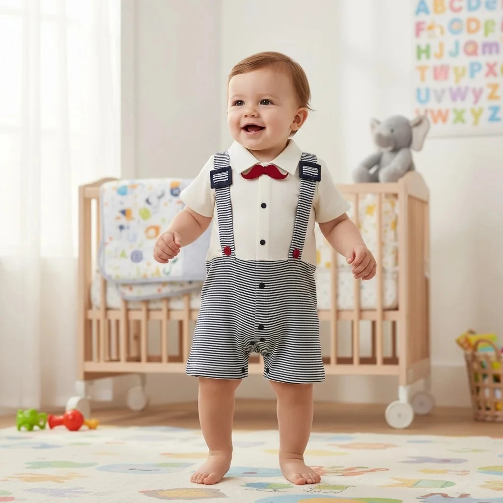 Centilmen Kırmızı Bıyıklı Askılı Erkek Bebek Tulum