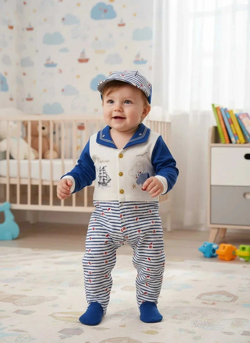 Kaptan Üniforma Desenli Erkek Bebek Tulum