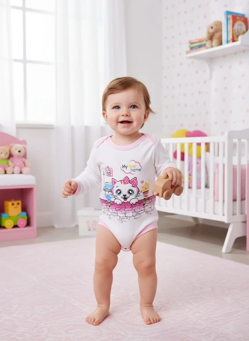 Benim Güzel Evim Kedili Pembe Uzun Kollu Kız Zıbın