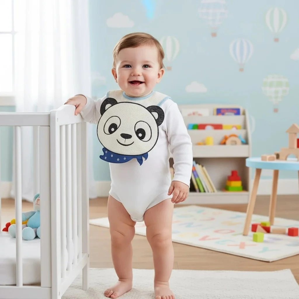 Panda Desenli Erkek Bebek Önlük