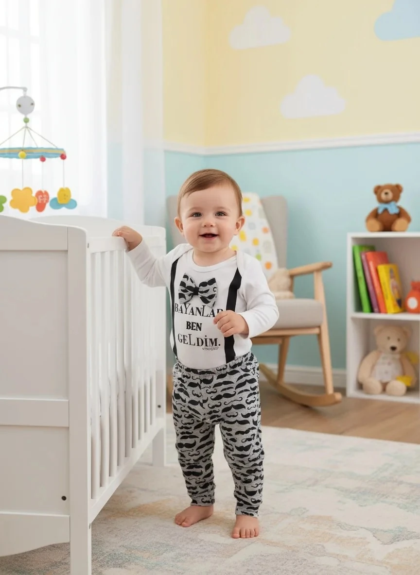 Ben Geldim Yazılı Erkek Bebek Zıbın Takımı