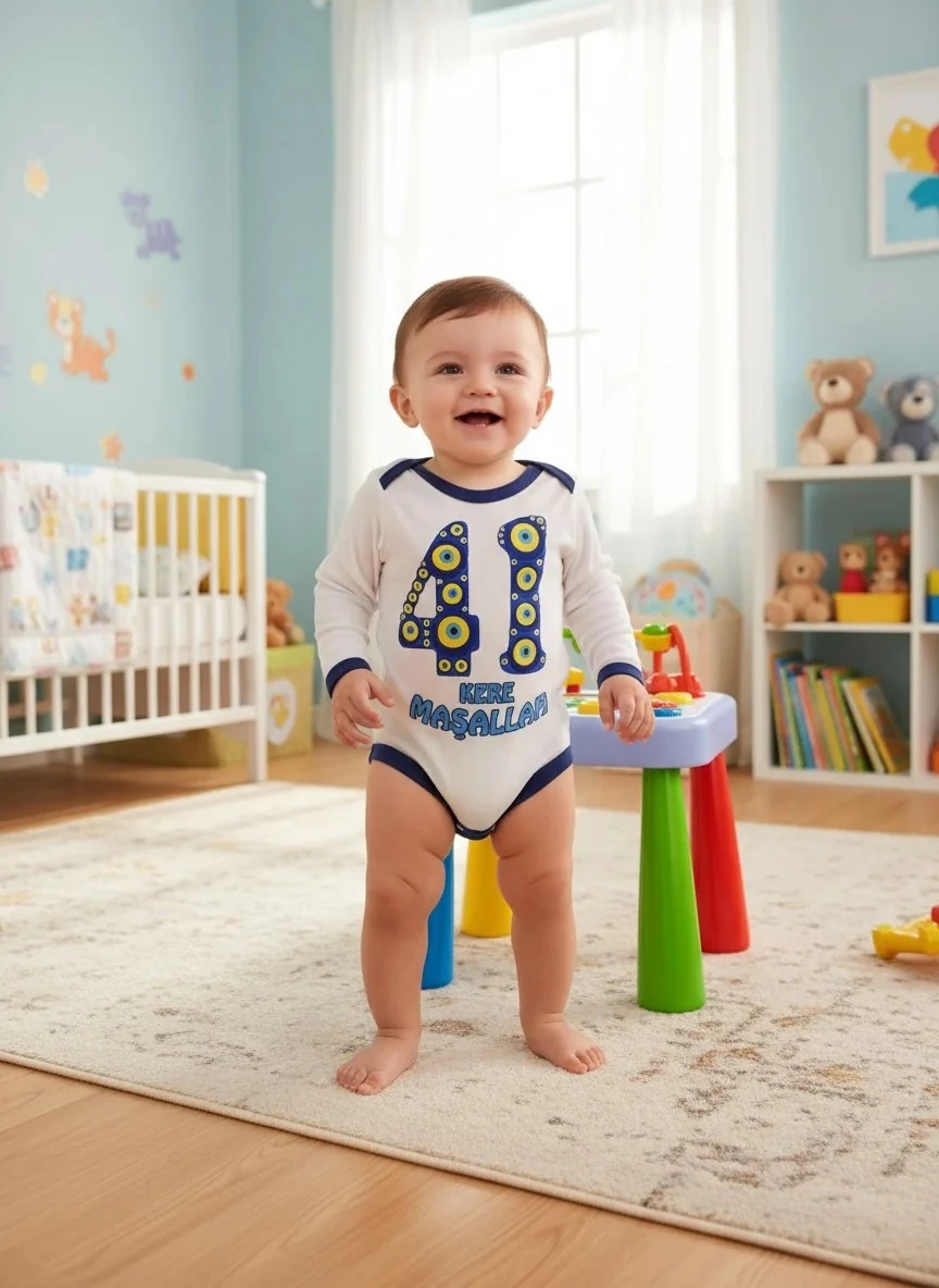 41 Kere Maşallah Yazılı Mavi Erkek Uzun Kollu Zıbın