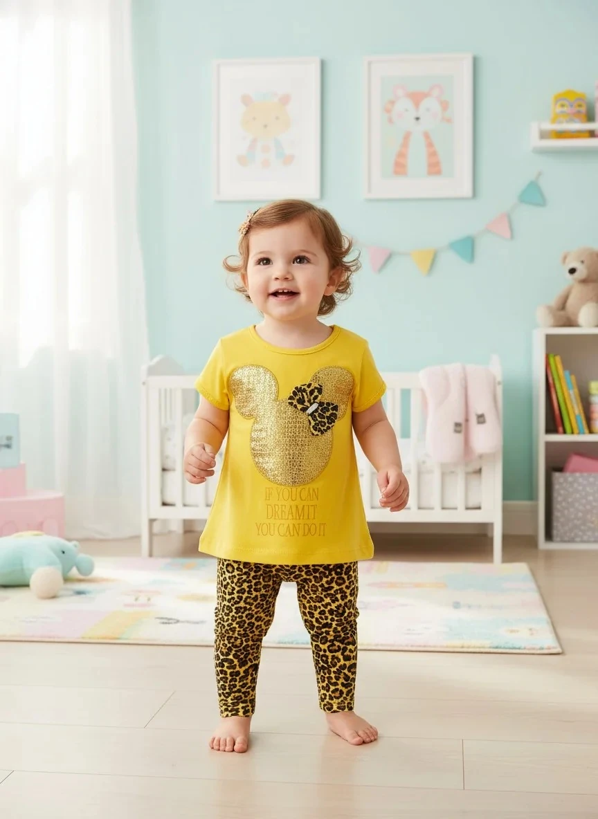 Mickey Mouse Simgeli Leopar Desenli Kız Takım