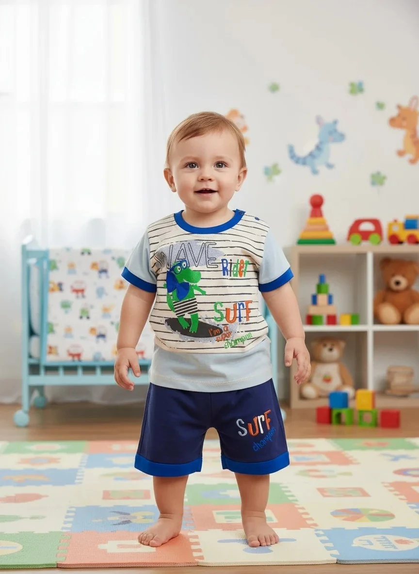 Sörfçü Timsah Desenli Erkek Tişört ve Şort Takımı