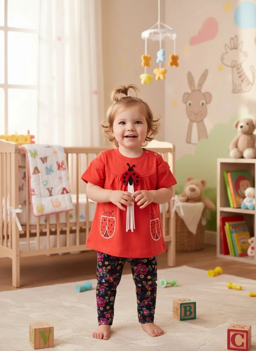 Çiçekli ve Uğurböcekli Kırmızı Kız Bebek Takım