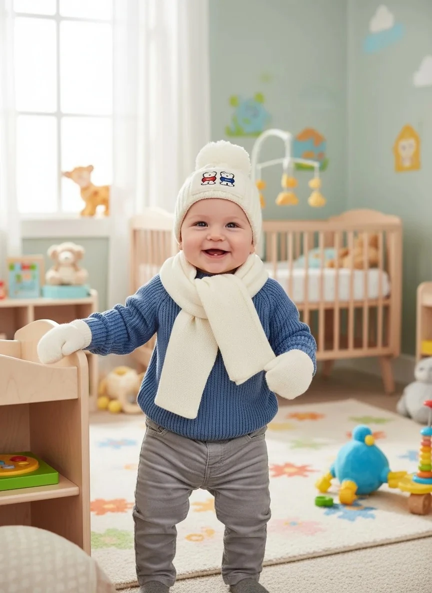 Atkı Bere Eldiven Üçlü Yeni Doğan Erkek Seti - Beyaz