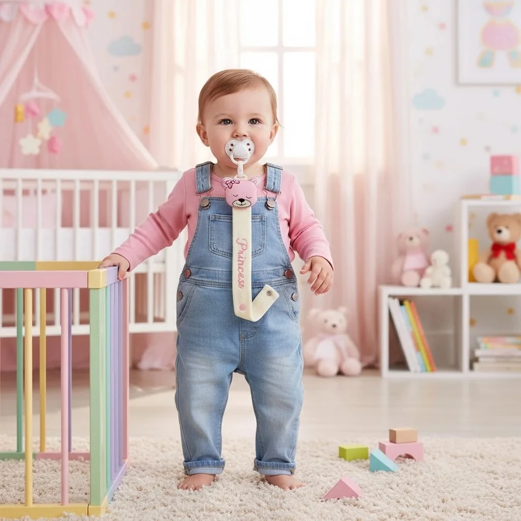 Ayıcık Detaylı Kız Bebek Emzik Askısı