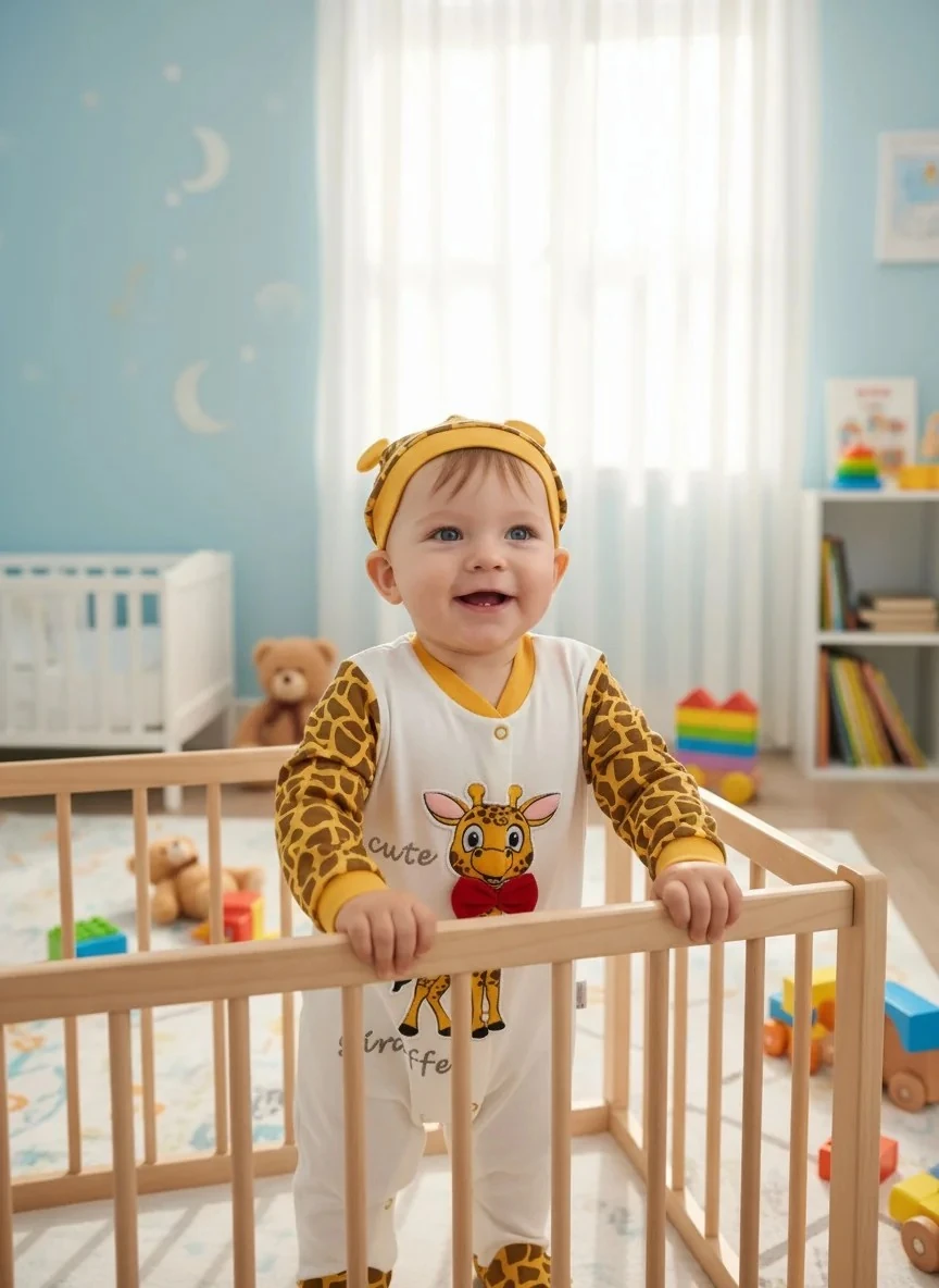 Uzun Kollu Zürafa Desenli Erkek Bebek Tulum