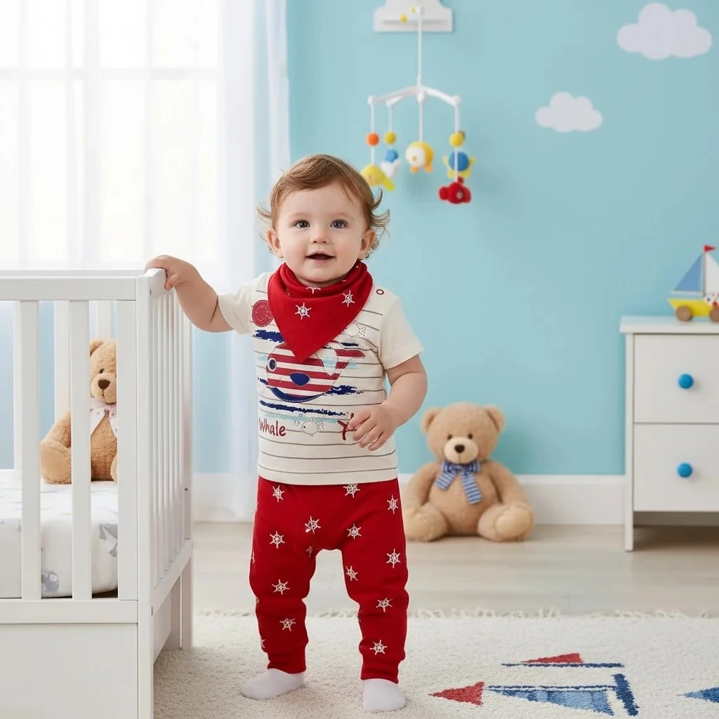 Sevimli Balina Şalvarlı ve Bandanalı Erkek Bebek Takımı