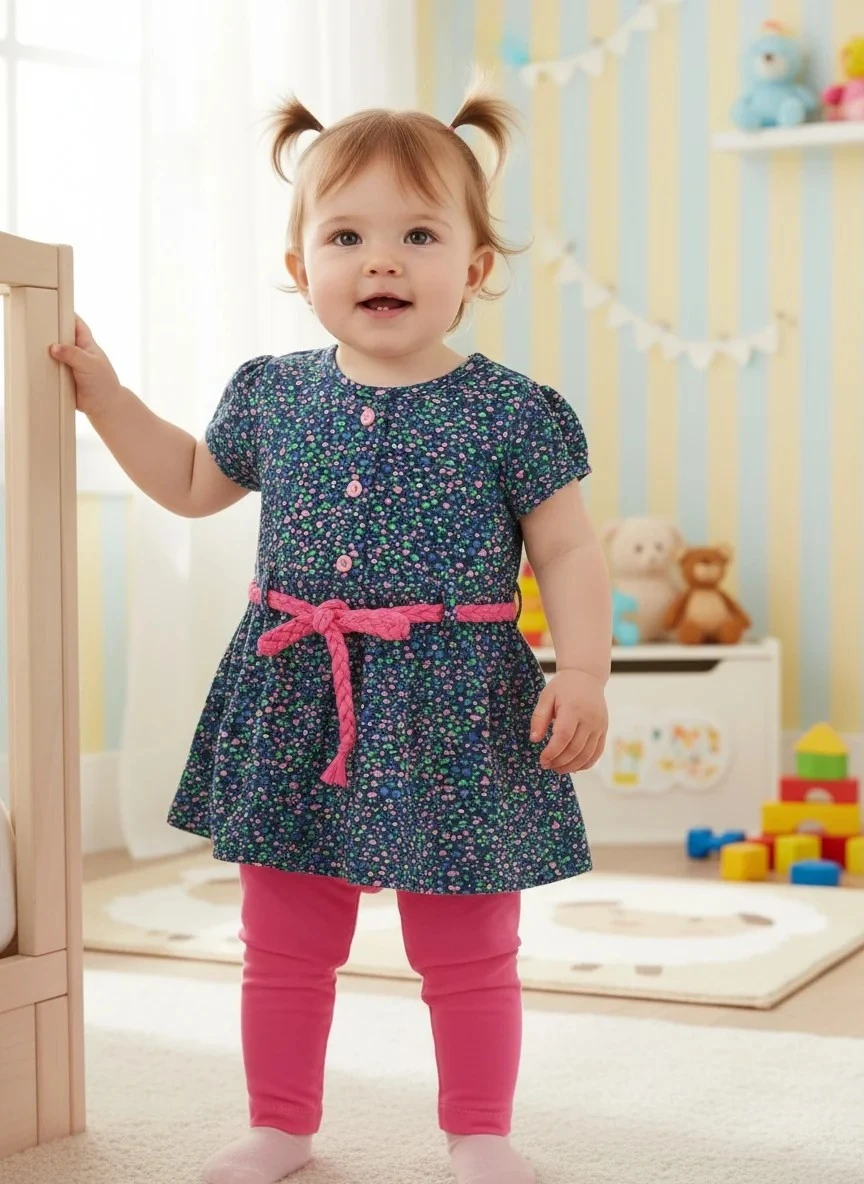 Pembe Kalp ve Çiçek Motifli Kız Elbise Takımı