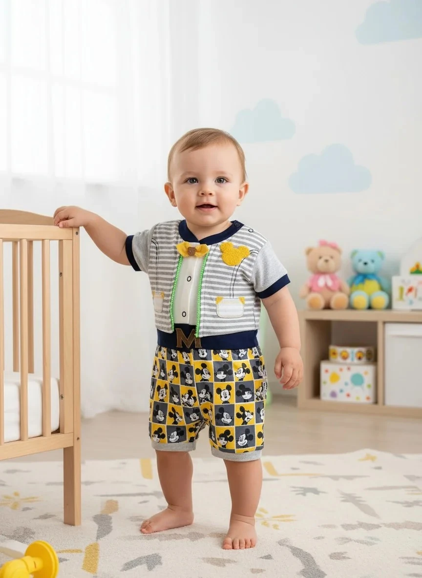 Mickey Mouse'lu Gri Erkek Bebek Tulum