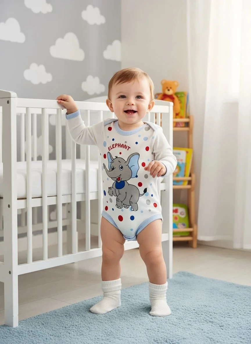 Puantiyeli Fil Desenli Uzun Kollu Erkek Bebek Zıbın