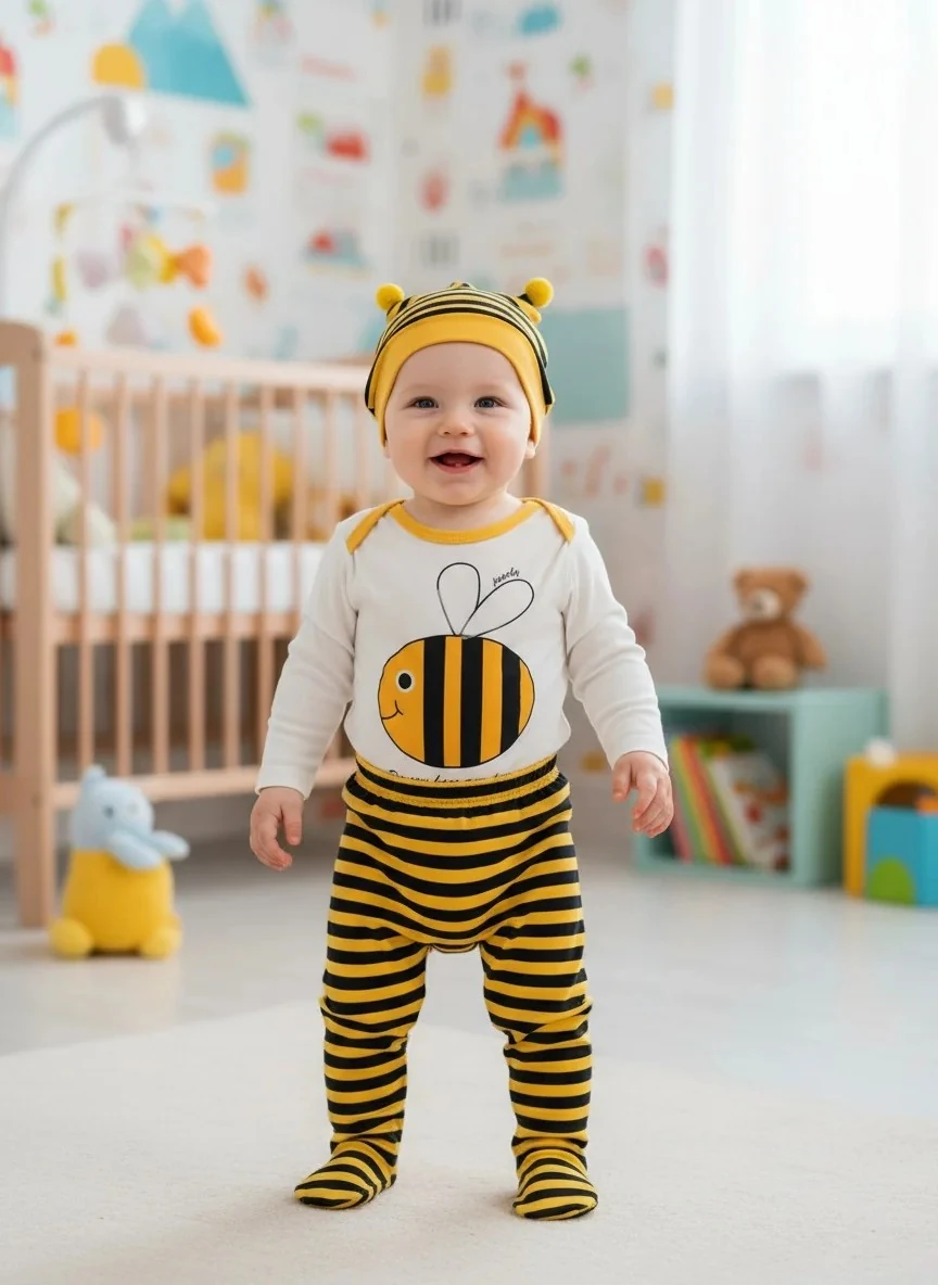 Arı Temalı Uzun Kollu Erkek Bebek Zıbın Takımı