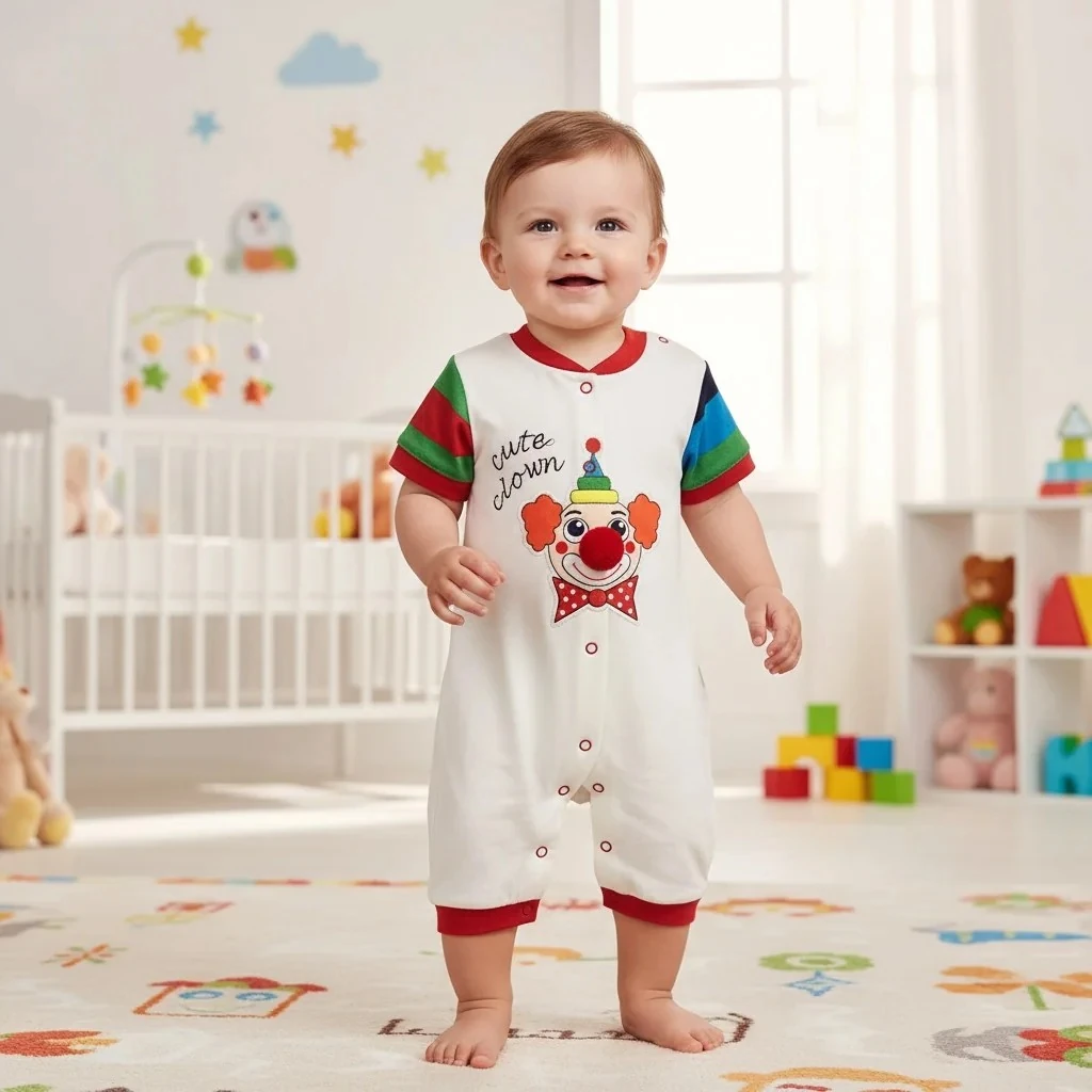 Palyaço Baskılı Yazlık Erkek Bebek Tulum