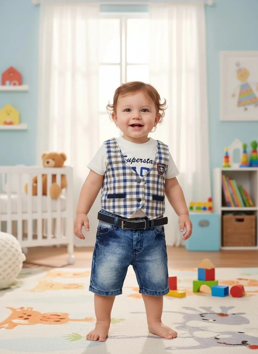 Yelekli ve Kot Pantolonlu Erkek Bebek Takım