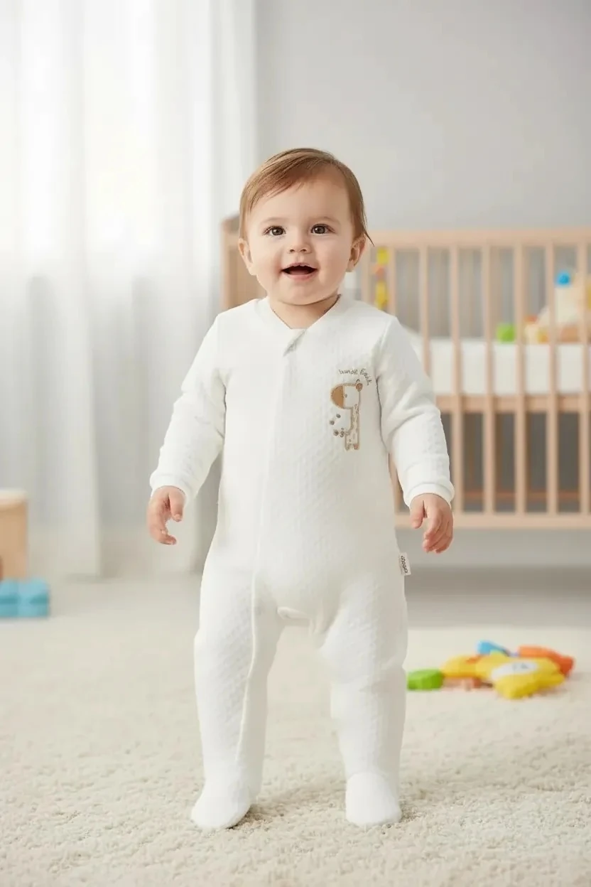 Sevimli Zürafa Desenli Pamuklu Bebek Kapitone Tulum