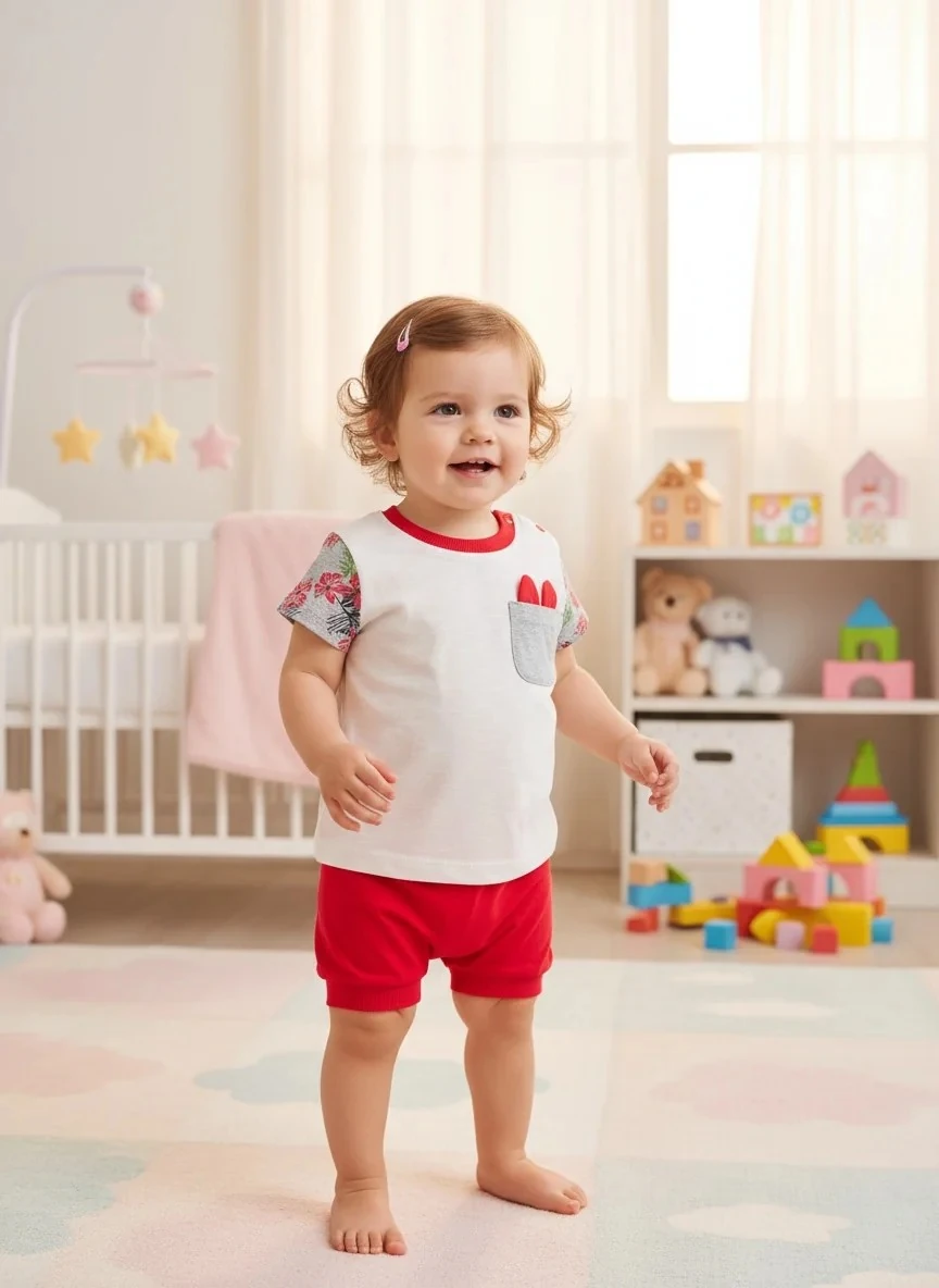 Çiçek Kollu Tavşan Kulaklı Kız Tişört ve Şort Takımı - Kırmızı