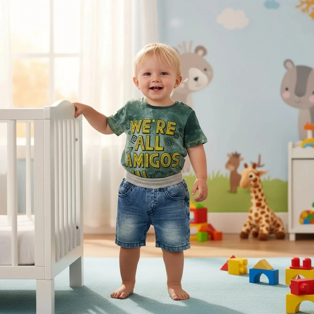 Hepimiz Arkadaşız Yazılı Tişört ve Cepli Kot Şort Erkek Takımı - Yeşil