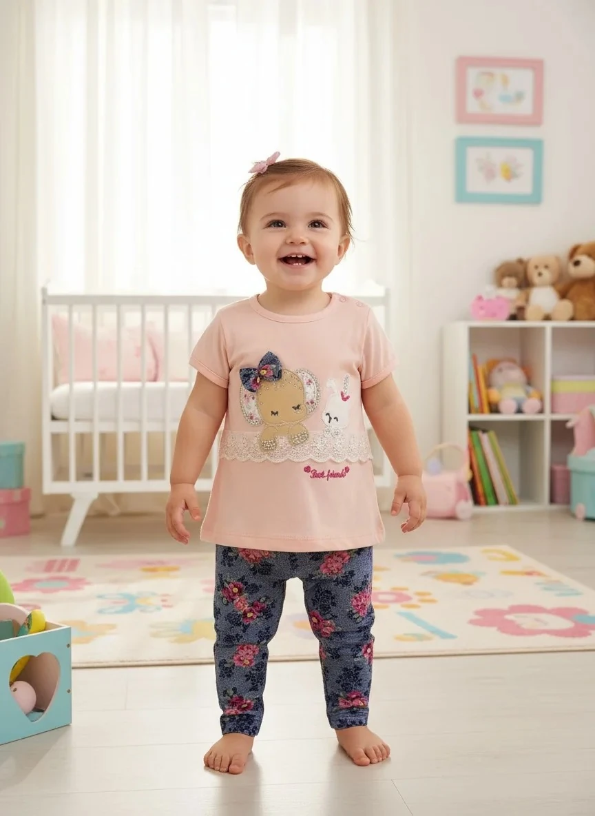 Fil ve Tavşan Çiçekli Dantelli Kız Bebek Takım