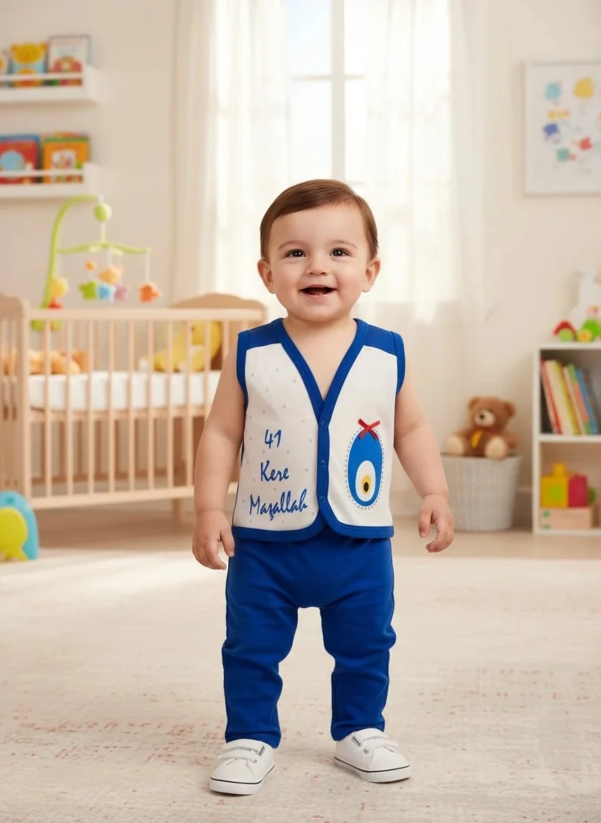 41 Kere Maşallah Mavi Erkek Bebek Yelek