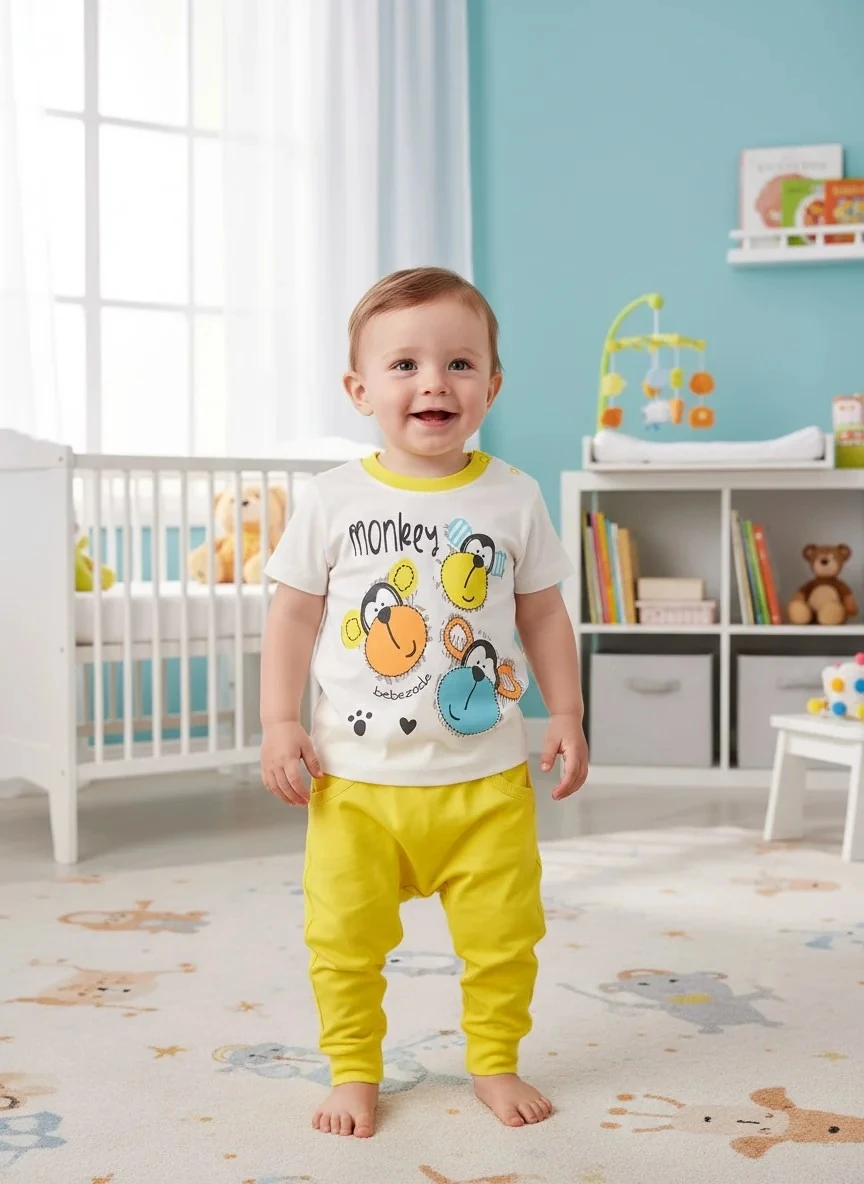 3 Maymun Desenli Sarı Şalvarlı Erkek Takımı