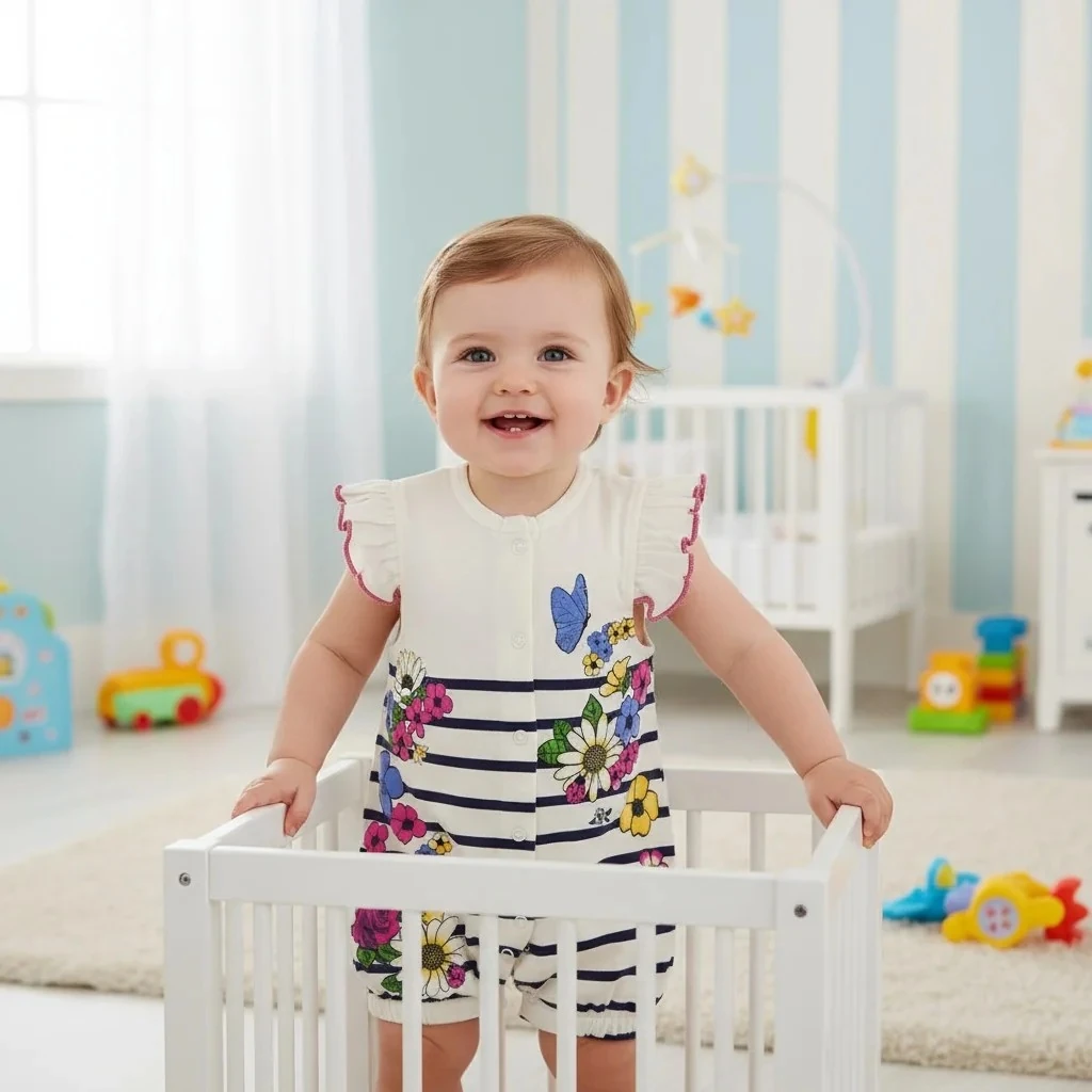 Çiçekli Çizgili Kız Bebek Tulum