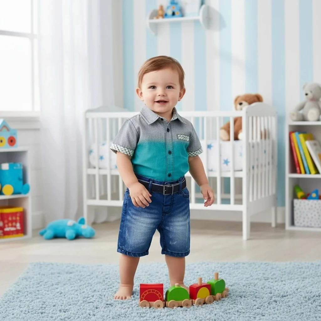 Kot Şortlu ve Atkılı Erkek Bebek Takım