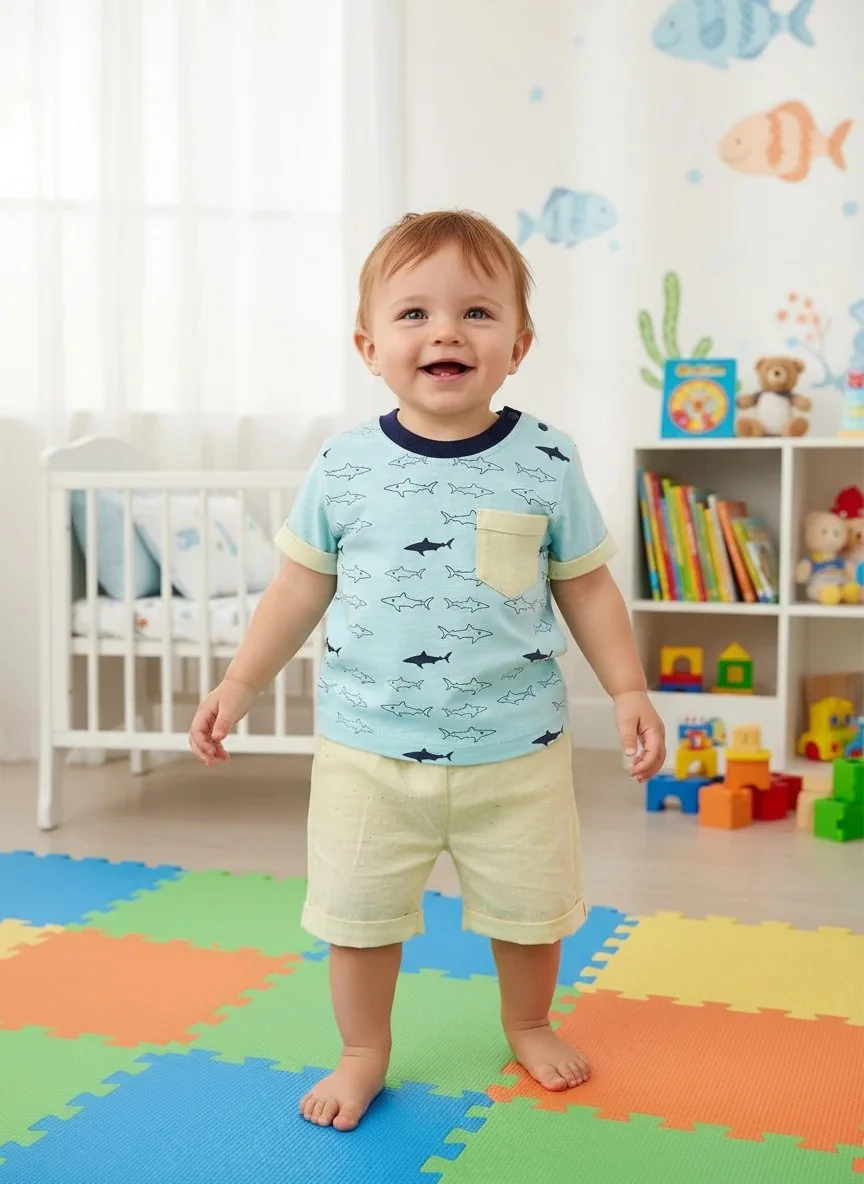 Köpekbalığı Cepli Tişört ve Keten Pantolon Erkek Takımı