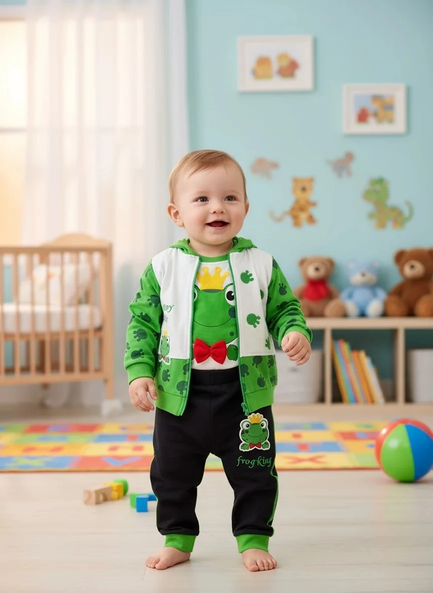 Kurbağa Kral Kapüşonlu Uzun Kollu Erkek Bebek Takımı