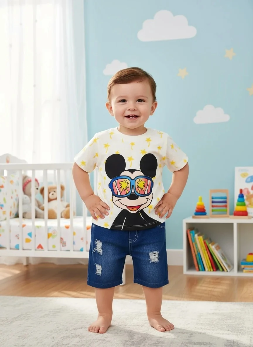 Palmiye Baskılı Tişört ve Kot Erkek Bebek Takım