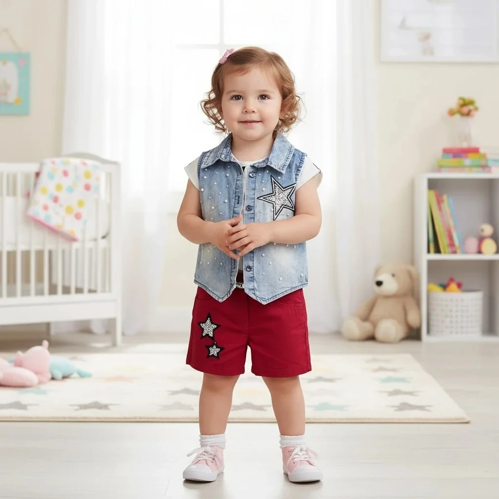 Süper Star Kırmızı Şortlu Kız Çocuk Takım