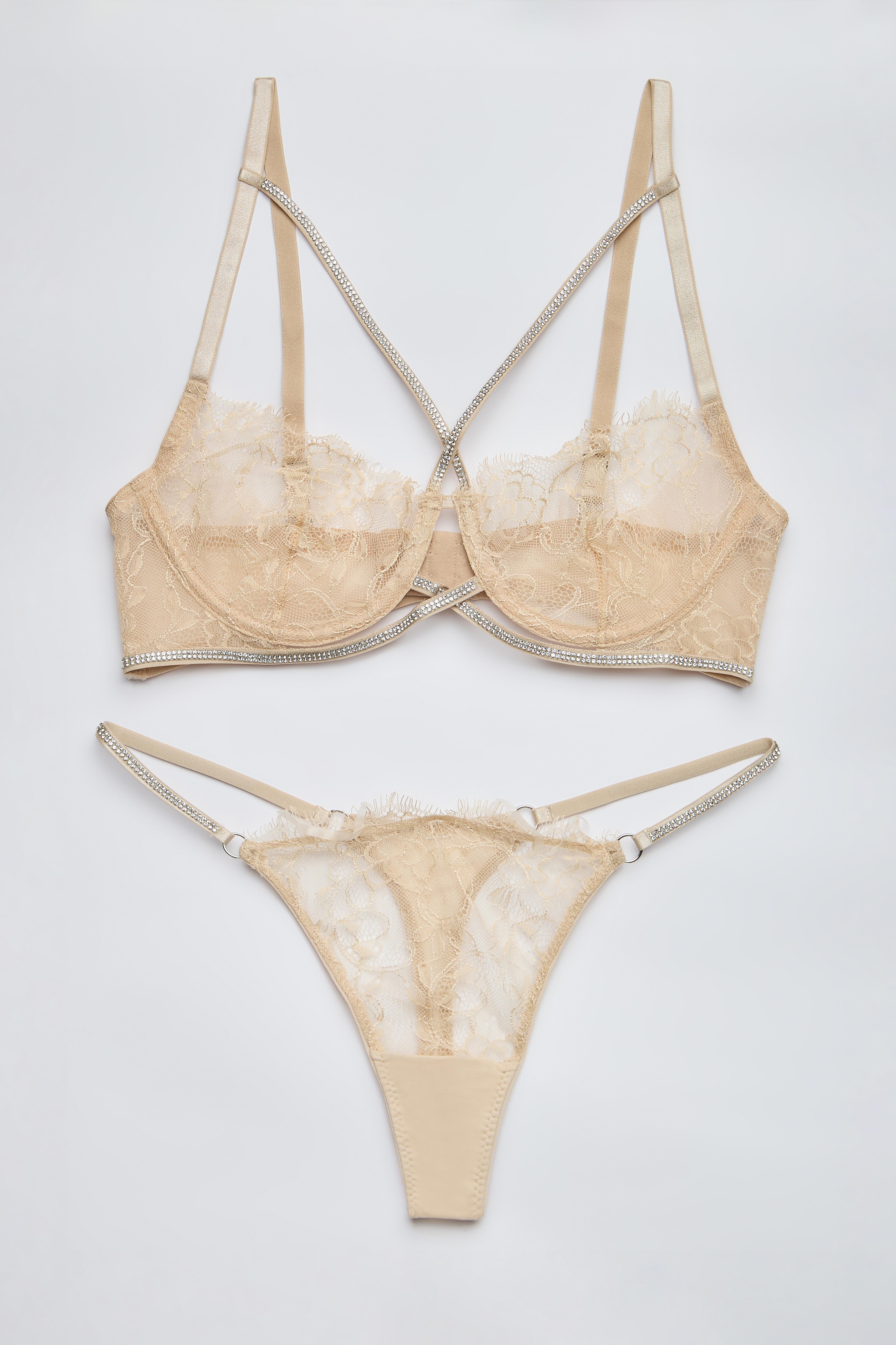 Lucida Taş Strappy Detaylı Ten Rengi Dantel Sütyen Tanga Takım