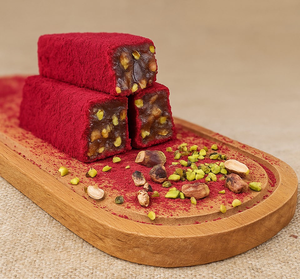 Kırmızı Velvet Kaplı Bal Aromalı Antep Fıstıklı Lokum