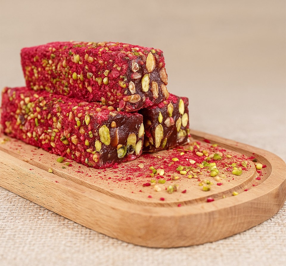 Kırmızı Velvet & Pirinç Antep Fıstık Kaplı Nar Aromalı Antep Fıstıklı Lokum
