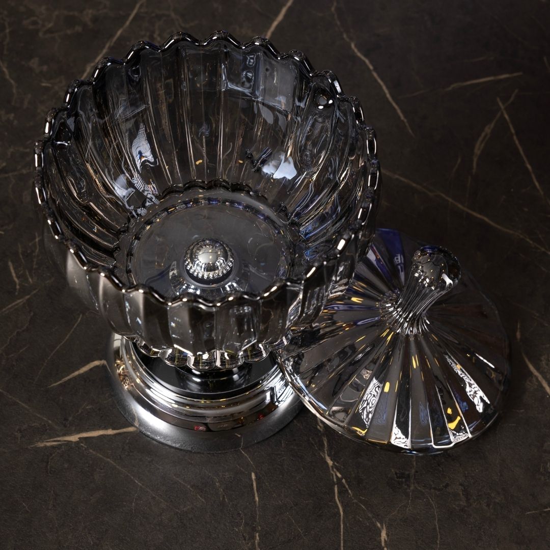Kristal Cam Şekerlik | 25 cm Kapaklı | Gümüş Detaylı